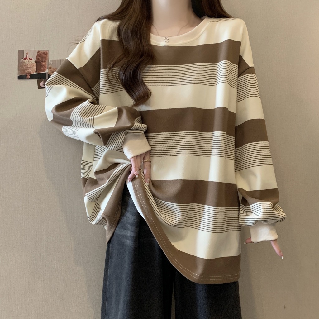 เสื้อยืดแขนยาวคอกลมลายทาง แบบบาง ทรงใหญ่หลวม สไตส์เกาหลี