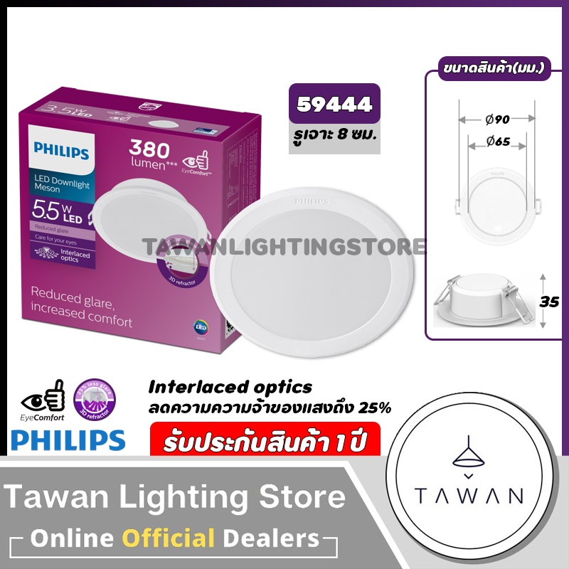 Philips โคมไฟดาวน์ไลท์แอลอีดีฝังฝ้า 5.5วัตต์ 3นิ้ว Panel LED 5.5W รุ่น Meson IO 59444 080 Daylight Coolwhite Warmwhite