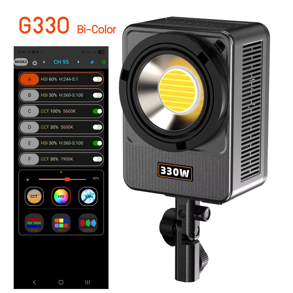 G330 Black LED COB Bowens Flood Light 330w 2700-6500k ปรับค่าสีและปรับกำลังไฟได้ Sport Light ไฟLED
