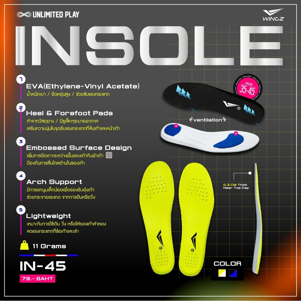 พื้นรองเท้า Wingz insole รุ่น WZ-IN45 (เเพ็ค1คู่) แผ่นเสริมรองเท้าเเบบบาง ระบายอากาศได้ดี ใส่ได้กับรองเท้าทุกรุ่น