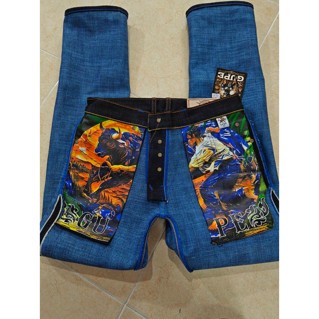 GUPEJEANS 21oz slub indigo x light blue (กรูปรี หลังฟ้า )21ozมีทรงกะบอกเล็กslimและกะบอกตรงstraight - รูปที่ 2