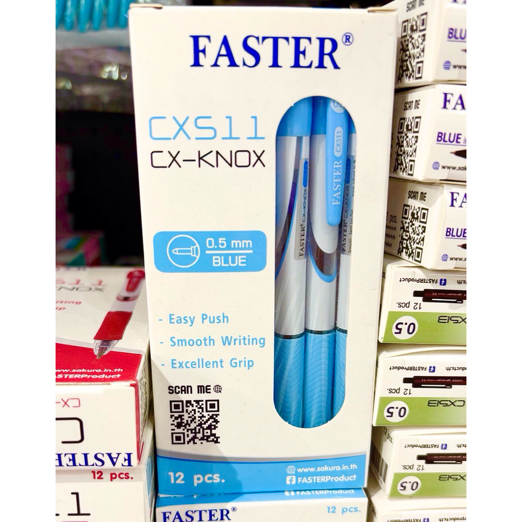 FASTER ปากกาลูกลื่น CX-KNOX 0.5 มม. สีฟ้า แบบกดเขียนลื่น ลายเส้นคมชัด  แพ็ค 3 ด้าม และ แพ็ค 12 ด้าม