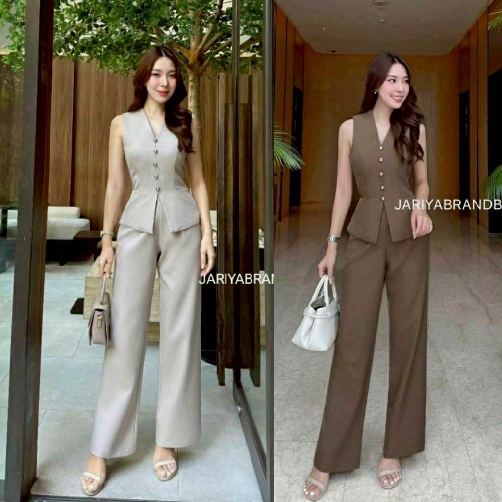 (S-XL) Jariya 📣พร้อมส่งชุดเซ็ท2ชิ้นแขนกุดคอวีมีกระดุม+กางเกงขายาวทรงสวย เนื้อผ้าสูทขึ้นทรงใส่ได้หลาย