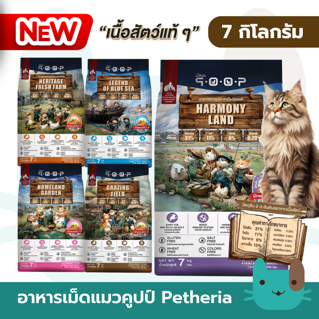 Petheria qoop (กระสอบ7kg) อาหารแมวคูปป์ 7 กิโลกรัม ผลิตจากเนื้อสัตว์แท้ เพื่อสุขภาพน้องแมว ไม่มีกลูเตน