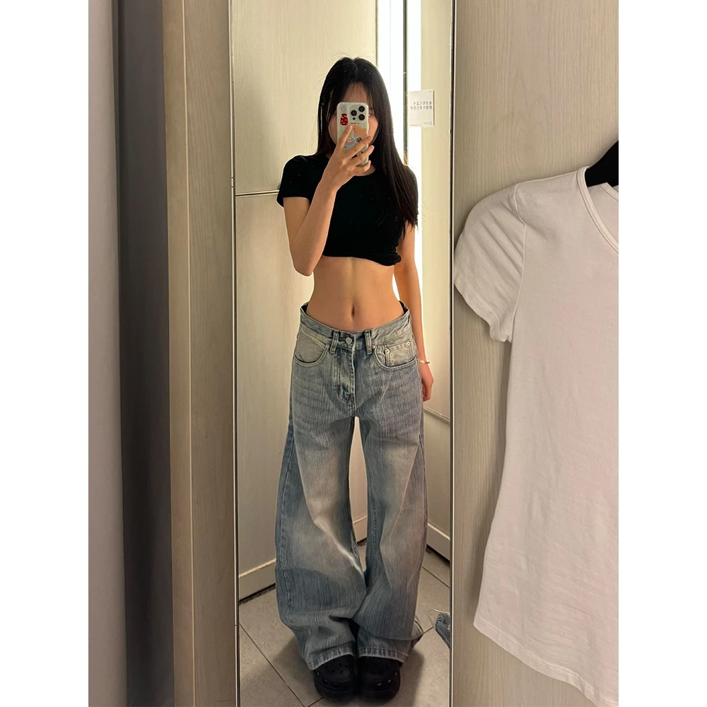 OOTD กางเกงยีนส์วินเทจสไตล์เกาหลีสำหรับผู้หญิง ดีไซน์หลวมขาบานแมทช์ได้ทุกสไตล์รูปทรงกล้วย