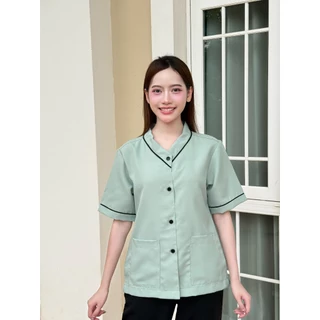 เสื้อแม่บ้าน คอวีแต่ง ดีไซน์สวยมีสไตล์ เสื้อพนักงานทำความสะอาด ดูแพง ผ้าใส่สบายระบายอากาศ ไม่ยับ