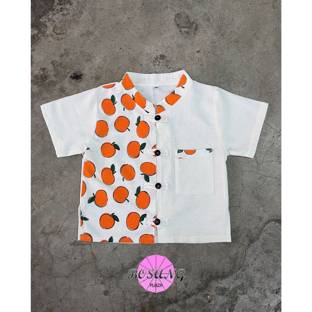 เสื้อเด็กชาย ทูโทน ผ้าฝ้ายไสตล์ล้านนาพิมพ์ลายส้มน่ารัก (เฉพาะเสื้อ)