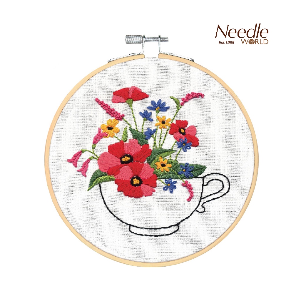 ชุดปักผ้า Dimensions Embroidery Kit + Bamboo Hoop ลาย Teacup Bouquet/ Cup of Flowers พร้อมสะดึงไม้