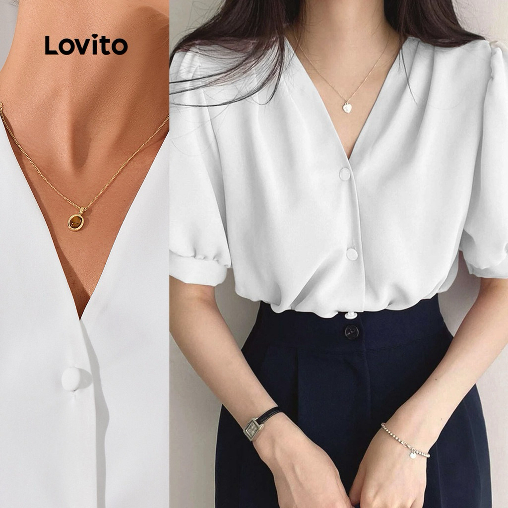 เสื้อเบลาส์กระดุมหน้า Lovito เรียบหรูหราสำหรับผู้หญิง