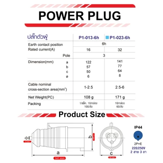 พาวเวอร์ปลั๊ก ปลั๊กไฟ 2สาย 3ขา 2P+E 16-32Ah กำลังไฟ 220V ตัวผู้-ตัวเมีย ใช้งานง่าย