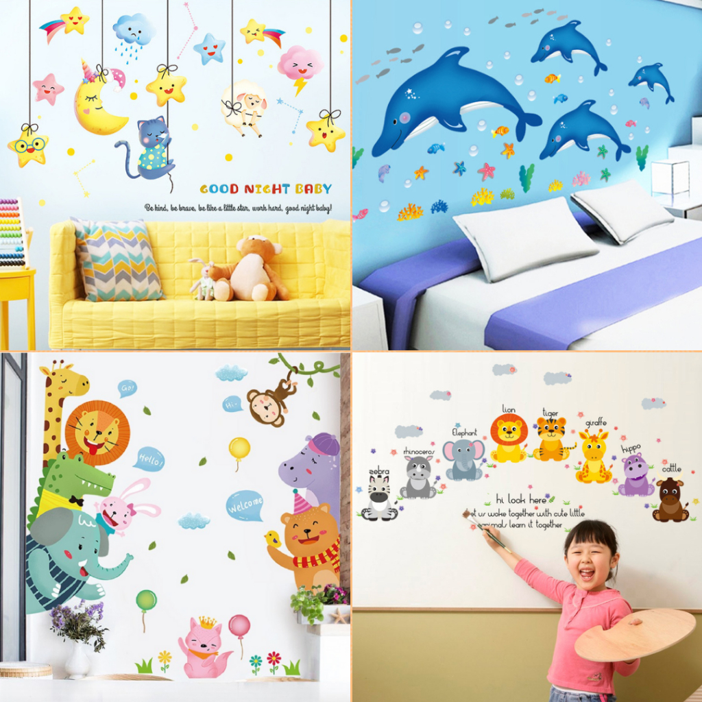 สติกเกอร์ติดผนังลายการ์ตูน ตกแต่งห้องเด็ก สัตว์ ABC แต่งผนังห้อง สติกเกอร์ติดผนัง ติดกระจก ห้องเรียน
