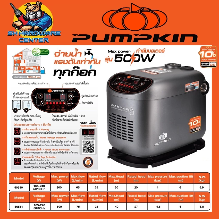 ปั้มน้ำอัตโนมัติ อัจฉริยะ ทำงานตามการใช้งานจริง INVERTER 300 - 500 วัตต์ 1นิ้ว PUMPKIN 50510 , 50511