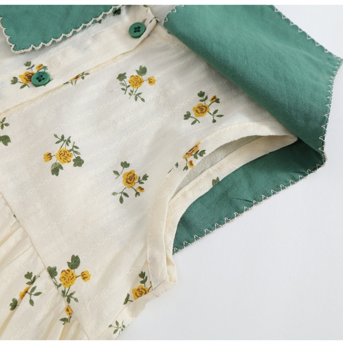 Mom Kids🌸พร้อมส่ง🌸ชุดเดรสลายดอกไม้ น' ารักสำหรับเด็ คอพับขนาดใหญ่สีเขียว แต่งกระดุม ชุดเดรสชายหาด - รูปที่ 3