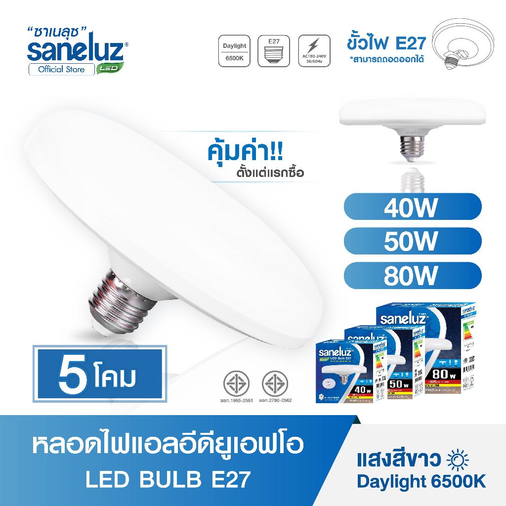 Saneluz หลอดไฟ UFO ขนาด 40W 50W 80W LED ขั้วE27 ขั้วถอดได้ แสงสีขาว 6500K AC220V led ชุด 5 หลอด