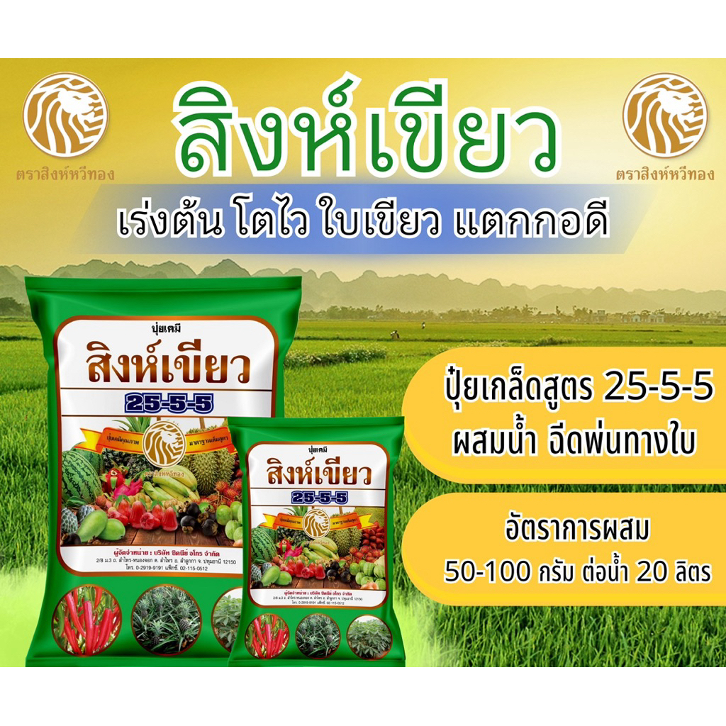 สิงห์เขียว ทุ่งเศรษฐี ปุ๋ยเกล็ด 25-5-5 ปุ๋ยเขียว ละลายดี ใช้ได้กับทุกพืช เร่งใบ โตไว ใบเขียว มีขนาด 500 กรัม และ1000กรัม