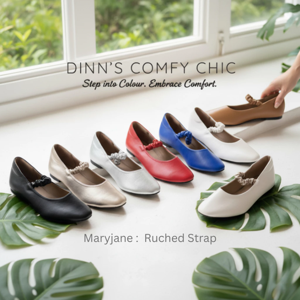 DINN แมรี่เจน(สายย่น)รองเท้าคัชชูส้นเตี้ย/รองเท้าแฟลต/นิ่มไม่บาดเท้า/มีไซส์36-43