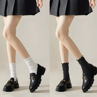 ONEIMO🍑 ถุงเท้า ข้อกลาง ลูกไม้ ข้อม้วน ผ้าฝ้าย รุ่น Simple F…