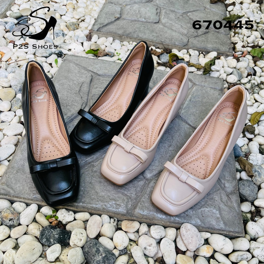 670445 รองเท้าคัชชูส้นหนา 2 นิ้วแต่งโบว์ด้านหน้