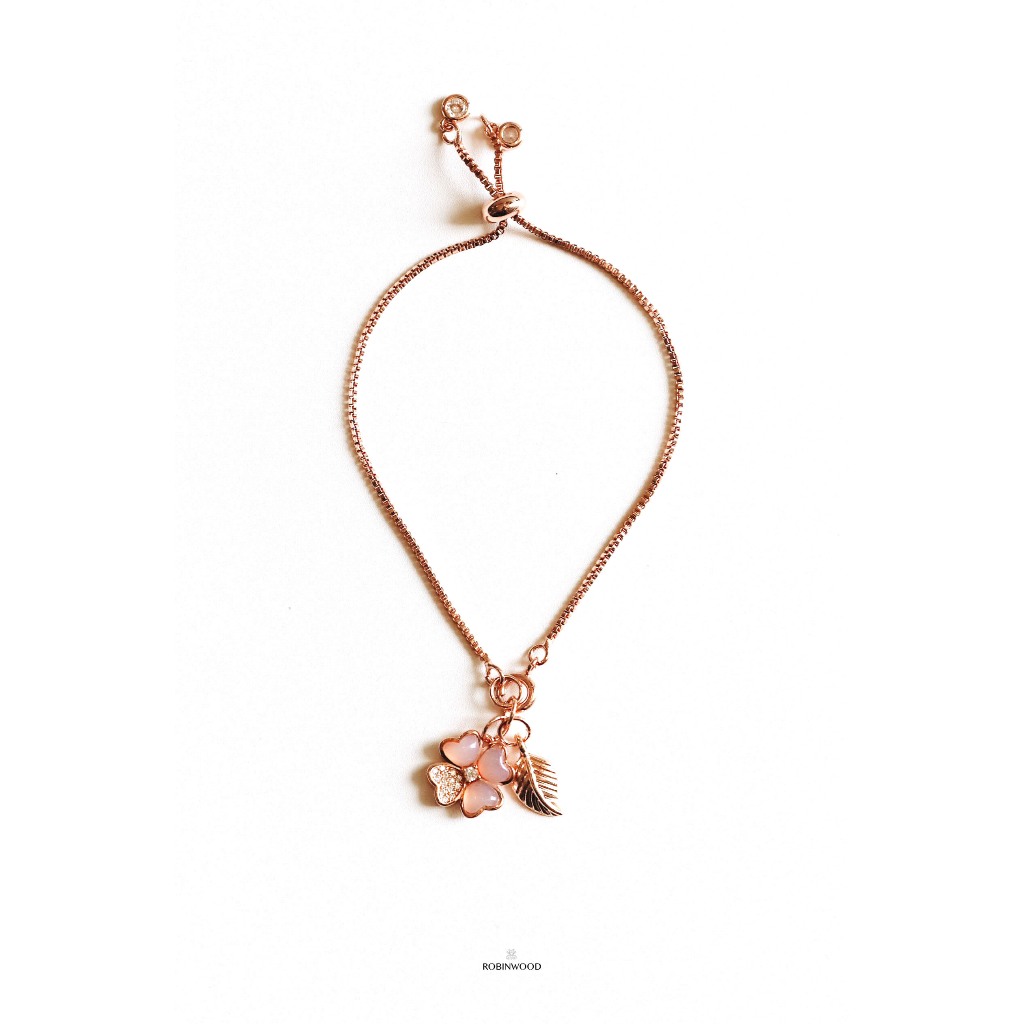 สร้อยข้อมือเงินเเท้ Limited Collection's " PAVE Pink Mother Of Pearl Clover " Bracelet , Robinwood