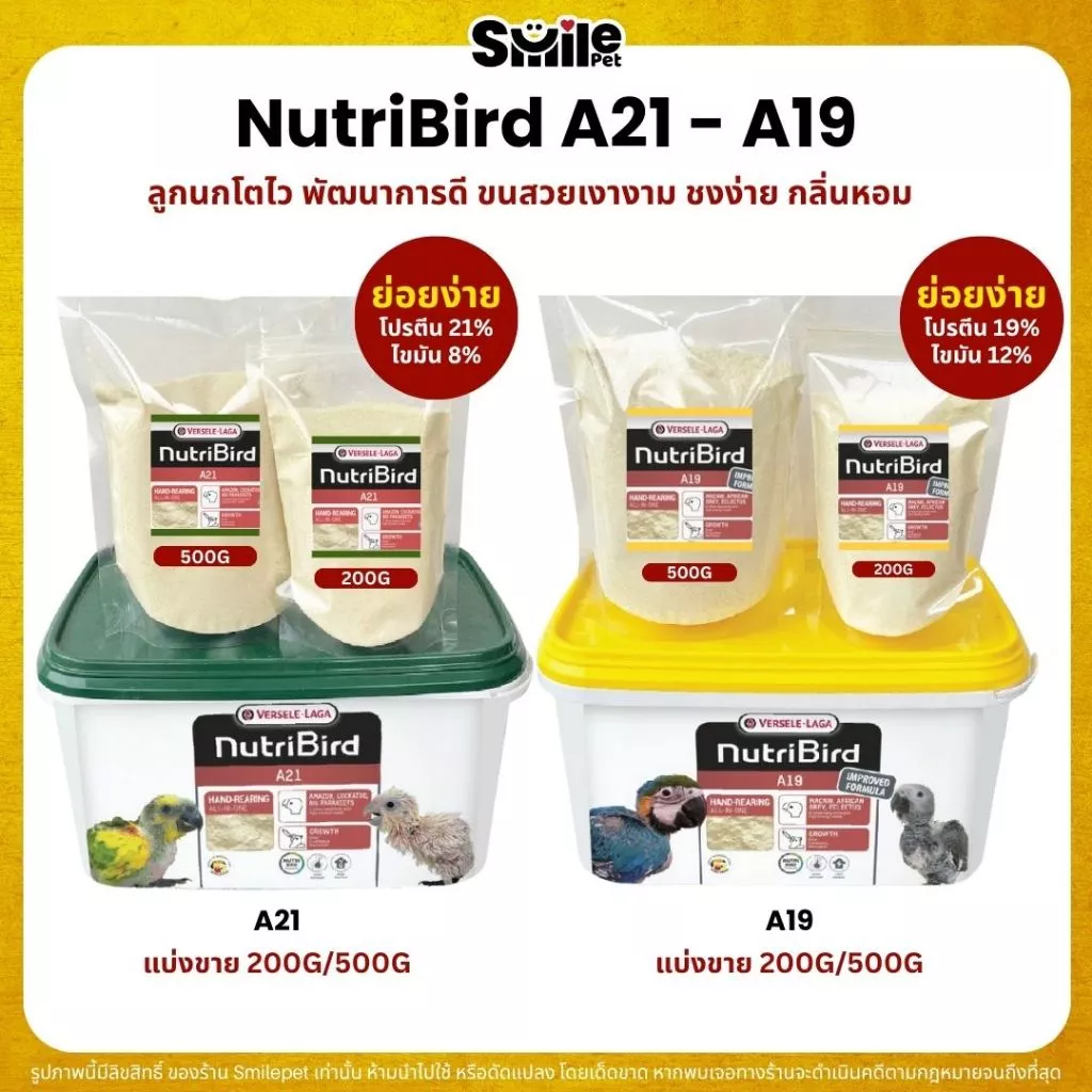 Nutribird A19 / A21อาหารลูกป้อนนก ลูกนกโตไว พัฒนาการดี ขนสวยเงางาม (แบ่งขาย 100G / 200G / 500G)