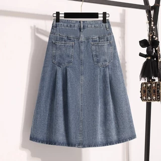 S~5XL Denim skirt for women A-line skirt กระโปรงทรงเอจีบพลีตสไตล์วินเทจ กระโปรงยีนส์เอวสูงทรงหลวมสไตล์ลำลอง HOT