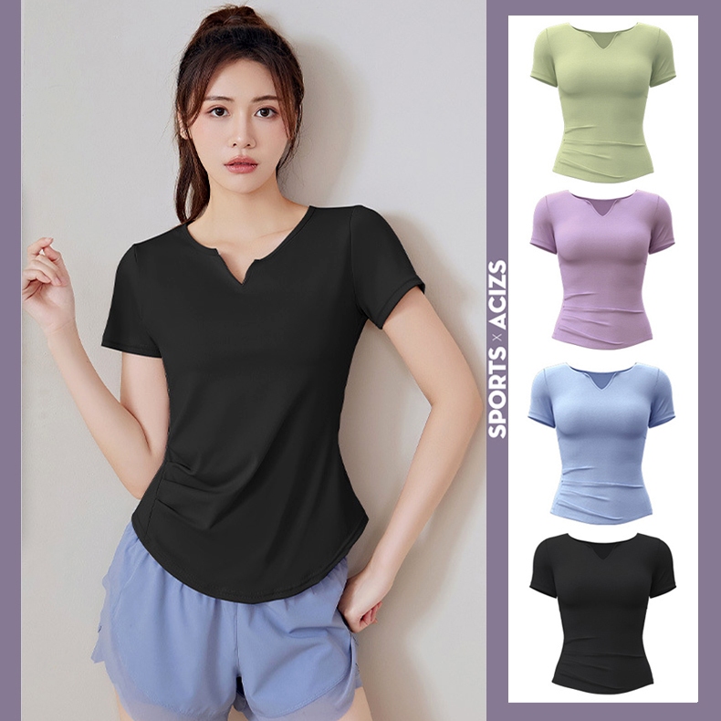 mvp sport เสื้อยืดแขนสั้นผู้หญิง เสื้อยืดคอวีแขนสั้น เสื้อสเวตเตอร์โยคะ ดีไซน์ทรงเข้ารูปจีบ