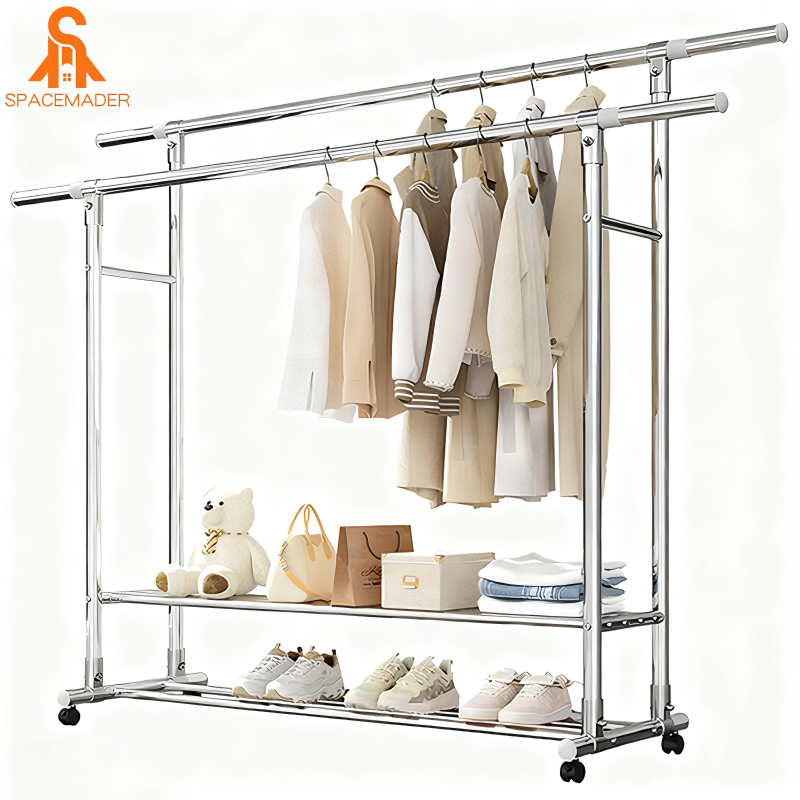 SPACEMADER ราวตากผ้าสแตนเลส ราวตากผ้า ราวแขวนผ้าบาร์คู่ ปรับความสูงและยืดหด แข็งแรง รับน้ำหนักได้เยอะ