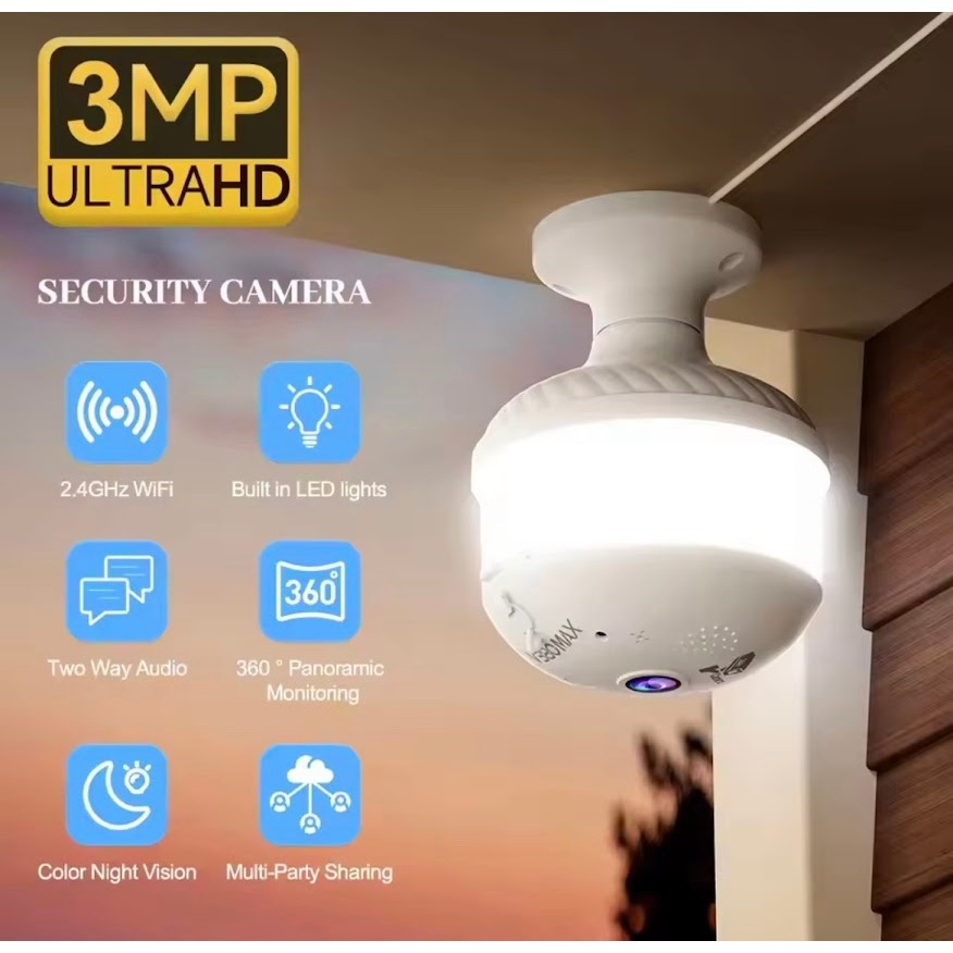 กล้องหลอดไฟ PTZ 3MP V380 Pro APP ไฟสปอร์ตไลท์ไร้สาย WiFi 360 องศา กล้องวงจรปิดแบบพาโนรามา Fisheye