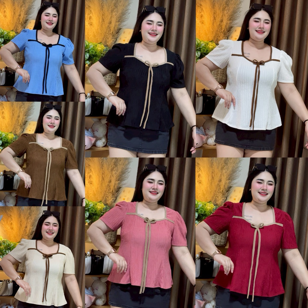 เสื้อสาวอวบ 💖อก38-46💖 คอเหลี่ยมแขนปล่อย แต่งขอบผูกโบว์น่ารัก ผ้าดีใส่สบายไม่ร้อน  (A97)