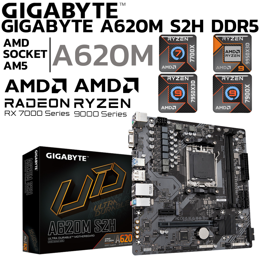 MAINBOARD (เมนบอร์ด) GIGABYTE A620M S2H (REV. 1.0) (DDR5) (SOCKET AM5) (MICRO-ATX)