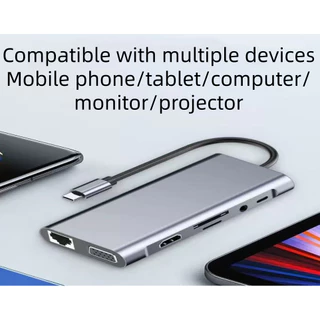 TYPE C LAN Hub 11 in 1 USB การถ่ายโอน ความเร็วสูง เครื่องอ่านการ์ดSD TF ช่อง HD/VGA คอมพิวเตอร์