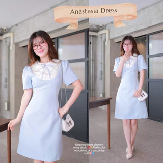 "Romi"Oil" Anastasia Dress (Blue) J319 ชุดเดรสสีฟ้า (คอบัวผูกโบว์แต่งมุก)