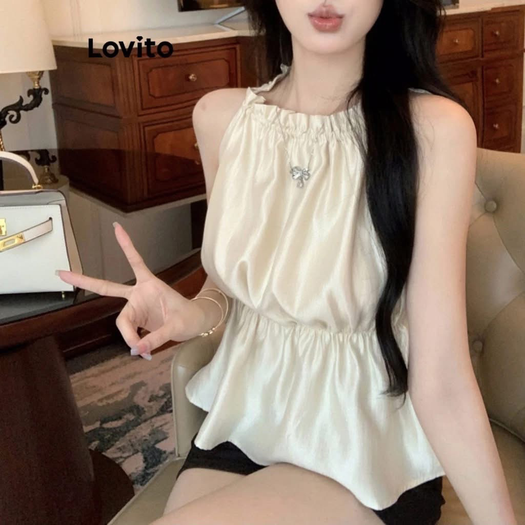 Lovito เสื้อกล้ามลําลองเสื้อกล้ามสม็อคเชือกธรรมดาสําหรับผู้หญิง