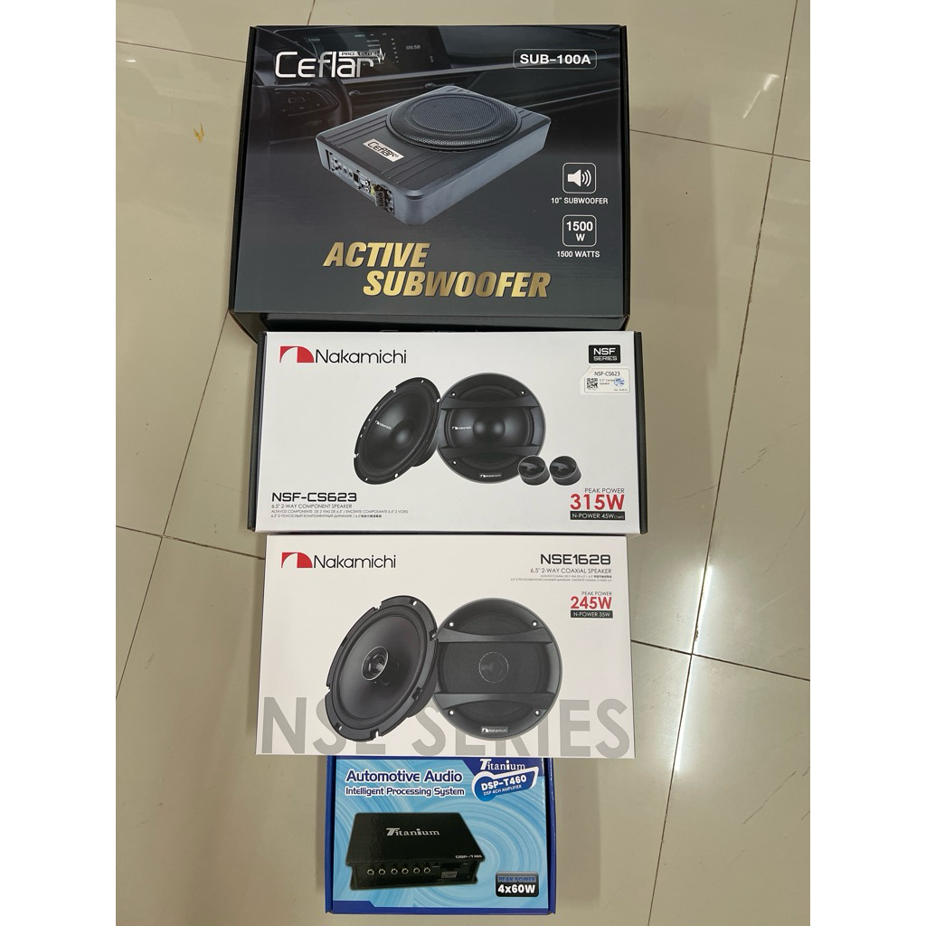 ชุดละ 5650บาท DSP 60x4Ch 1ตัว 6.5“แยกชิ้น 1ชุด 6.5“แกนร่วม NAKAMICHI 1คู่   10“ Subbox 1ตัว ลำโพงติด