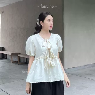 [เฉพาะเสื้อ] เสื้อเบลาส์ผูกโบว์ แขนจั๊มยางยืดใส่สบาย เนื้อผ้าไม่ต้องรีด นุ่มไม่ร้อน ดีเทลระบาย สไตล์มินิมอล (V80)
