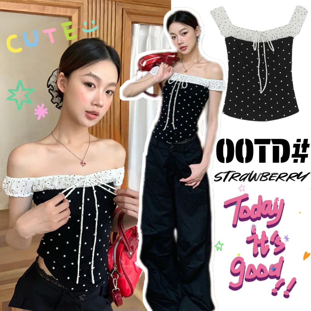 STR พร้อมส่ง🍧♟️เสื้อยืด เสื้อปาดไหล่ผู้หญิง โชว์ไหล่ มีเชือกผูกได้ ลายจุด ทรงครอปเข้ารูป แต่งแขนระบาย สไตล์เกาหลีสาวหวาน