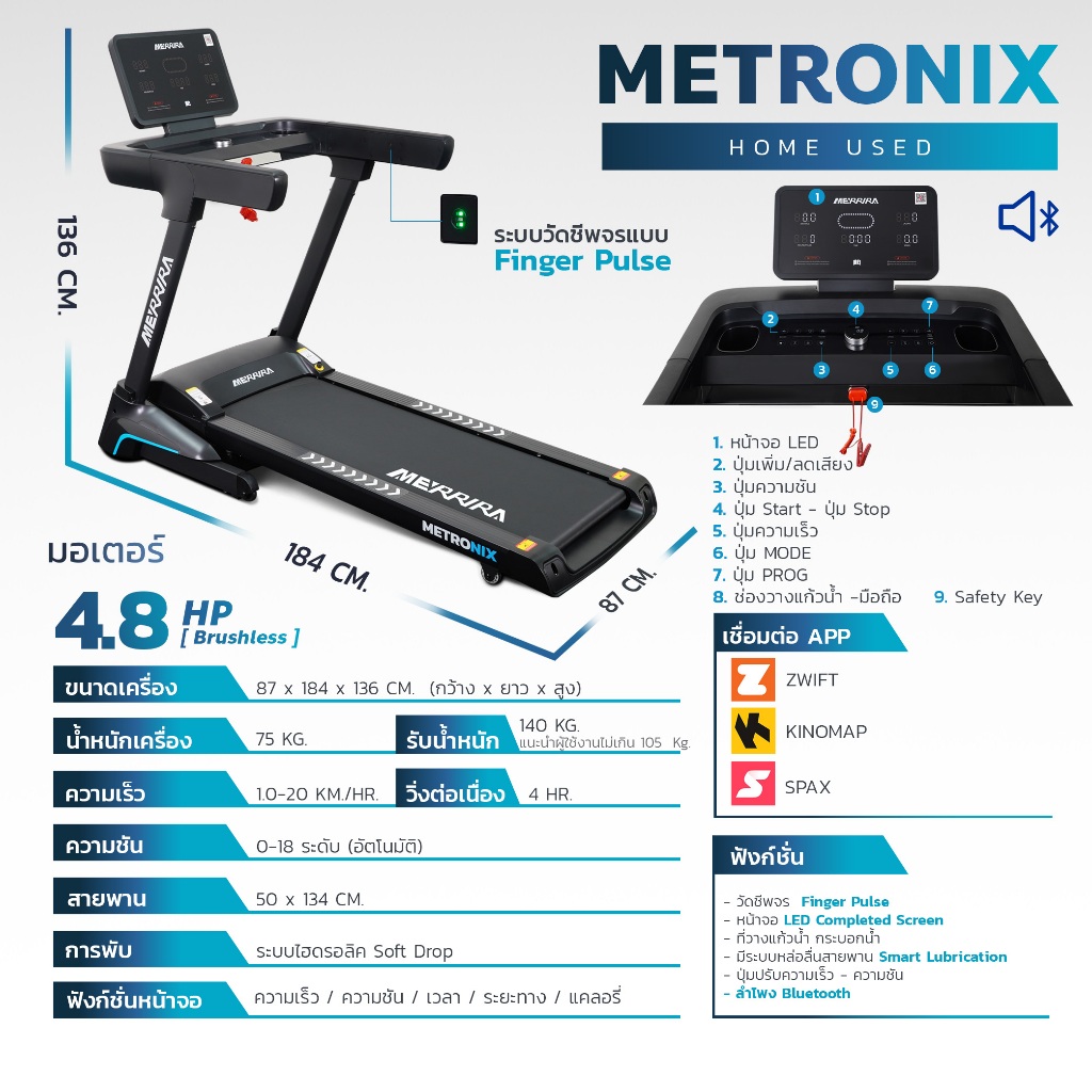 [ผ่อน0%10เดือน] MERRIRA ลู่วิ่งไฟฟ้า 4.8 แรงม้า รุ่น MX-920 ต่อ Bluetooth ได้ สายพานกว้าง 50 ซม. ปรับชันไฟฟ้า 18 ระดับ รูปที่ 8