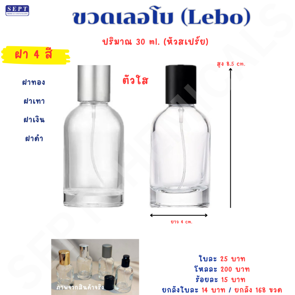 ขวดน้ำหอม ขวดเลอโบ (Lebo) 30 มล. ใบละ 30 บาท ฝา 4 สี  ขวดแก้ว ขวดสเปร์ย ตัวใส