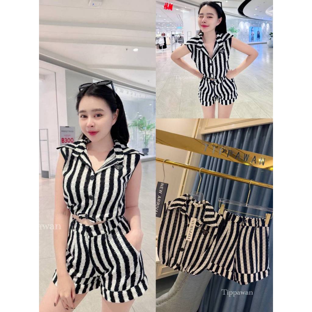 【TIPPAWAN】 TPW 50986 Setนี้จ้า น้องเป็นครอปคอปกทรงเชิ๊ตกระดุมใช้งานได้จรึงจับคู่กับกางเกงขาสั้นเอวสู