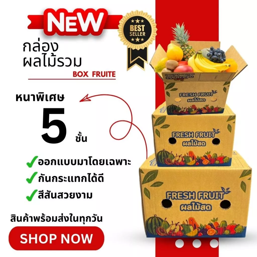 กล่องผลไม้รวม M หนา 5 ชั้น เจาะรูระบายอากาศ และ หูหิ้ว