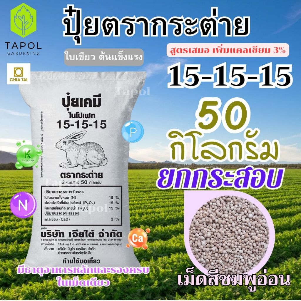 ปุ๋ยตรากระต่าย สูตร 15-15-15 ยกกระสอบ 50 กิโลกรัม เพิ่มแคลเซียม 3% เป็นปุ๋ยคอมปาวด์ ใบเขียว ต้นแข็งแ