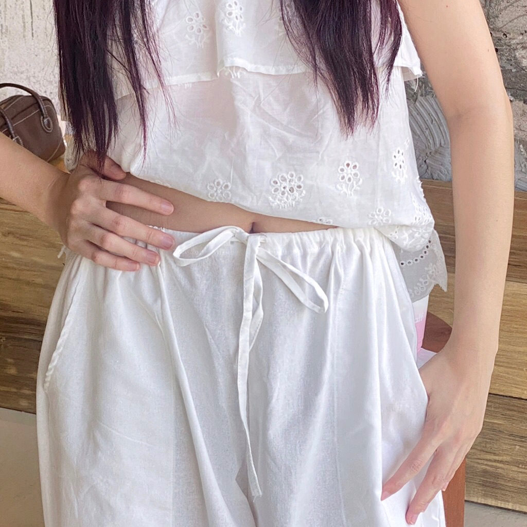 Sodsai.bkk | Linen flow กางเกงผ้าลินินสีขาว ขากระบอก มีเชือกรูดเอว ใส่สบาย🧸✨ - รูปที่ 3