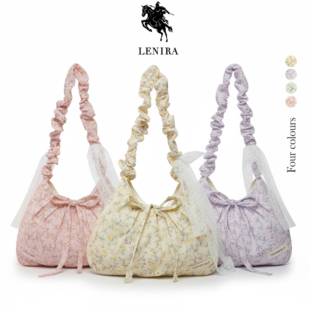 Lenira (B2313) กระเป๋าสะพายไหล่ผ้าฉลุลายดอกไม้