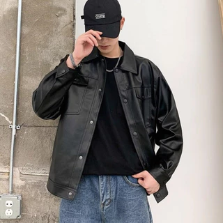 beerbroth-เสื้อแจ็คเก็ตหนังผู้ชาย หนังสีดำ แขนยาว ทรงหลวม สีพื้น แฟชั่นฤดูใบไม้ร่วงใหม่ สตรีทสไตล์อเมริกันย้อนยุค