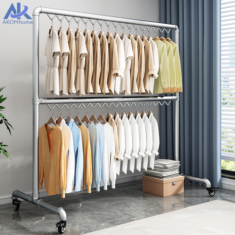 AKราวตากผ้า ราว 2ชั้น ท่อเหล็กราวตากผ้า ราวตากผ้าท่อเหล็ก ยาว60-180cm สูง180cm ประกอบง่าย แข็งแรงทนทาน กันน้ำและกันสนิม