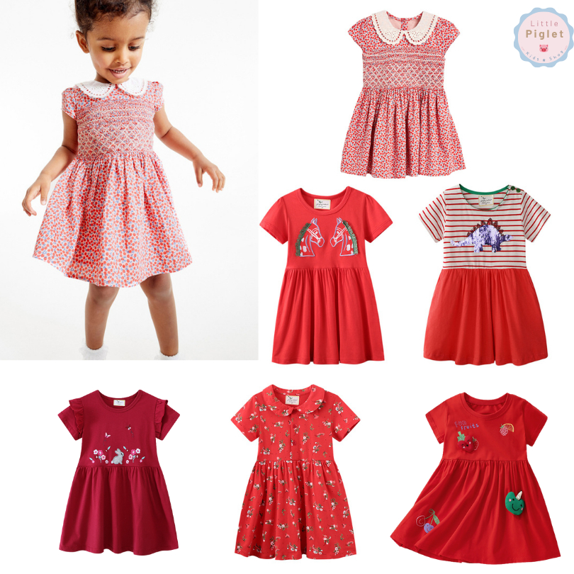 Little Piglet 🐷 พร้อมส่ง ชุดเดรส ชุดกระโปรง Dress สีแดง แขนสั้น เด็กผู้หญิง น่ารัก