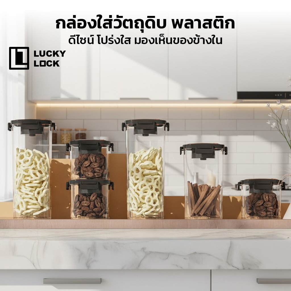 Luckylock โหลพลาสติกสูญญากาศ ทรงสี่เหลี่ยม ขนาด 650ml 1300ml 1800ml สำหรับเก็บอาหารแห้ง เครื่องปรุง ขนม ธัญพืช