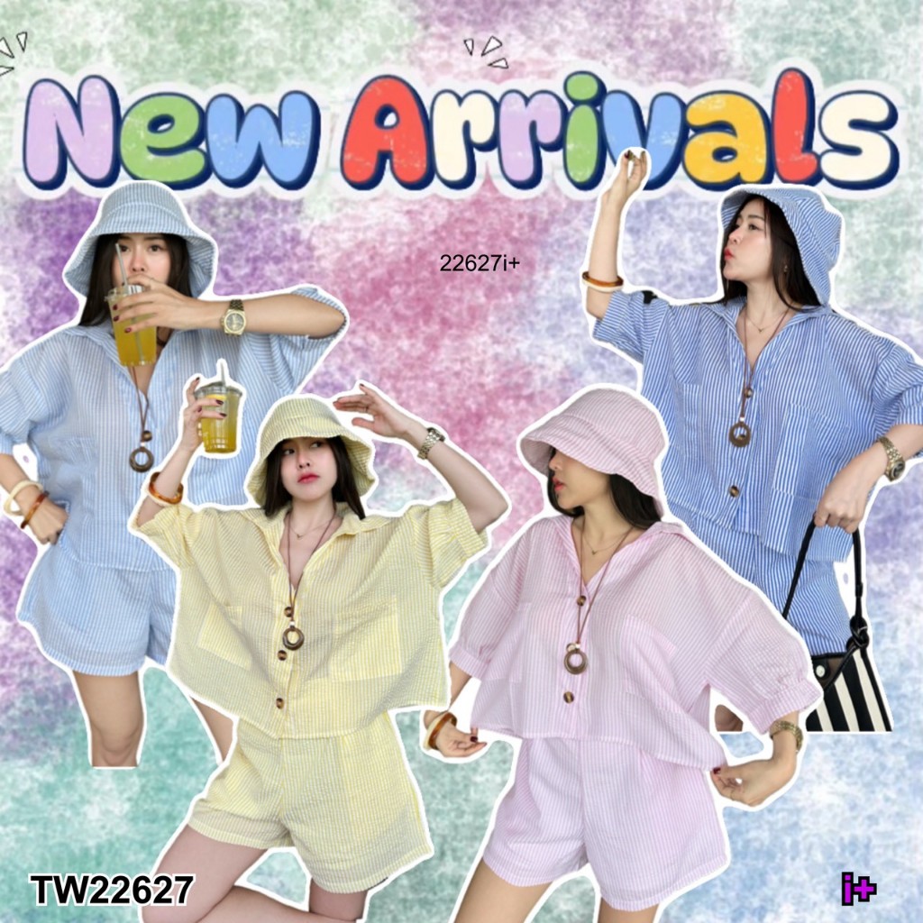 Set ลายริ้ว 3 ชิ้น เสื้อทรงโอเวอร์ไซส์ + กางเกงขาสั้นกับหมวกบัคเก็ต TT22627