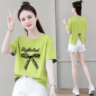 เสื้อครอปน่ารักสไตล์เกาหลี oversize เสื้อผ้าสาวอวบอ้วนไซส์ใหญ่ เสื้อยืดสวยๆผู้หญิงกําลังฮิตใหม่ล่าสุด ผ่าด้านหลัง แฟชั่น