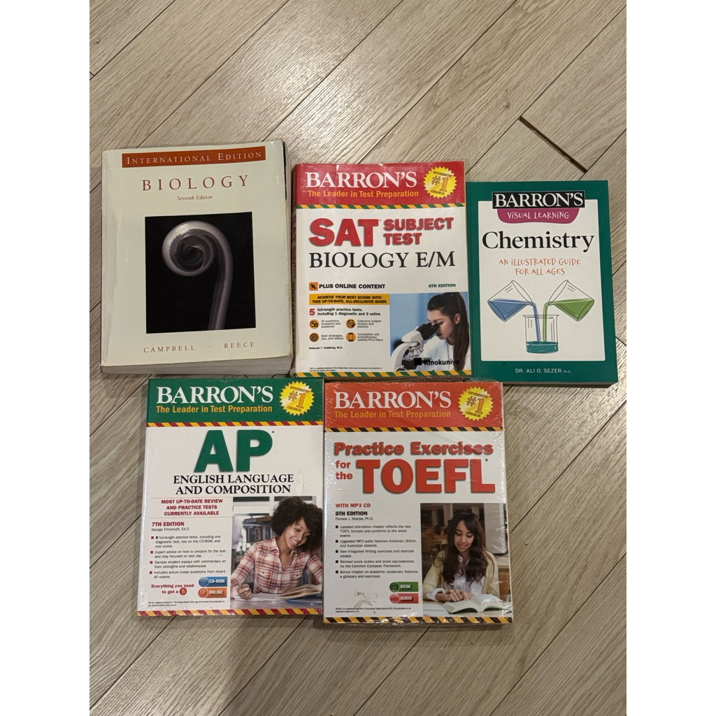 Campbell biology, SAT subject test biology, barron’s chemistry, TOEFL, AP